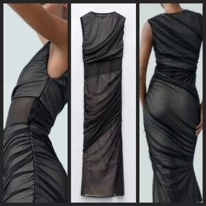 NEW! ZARA Black Tulle  Sleeveless Ruched Midi Dress Small.